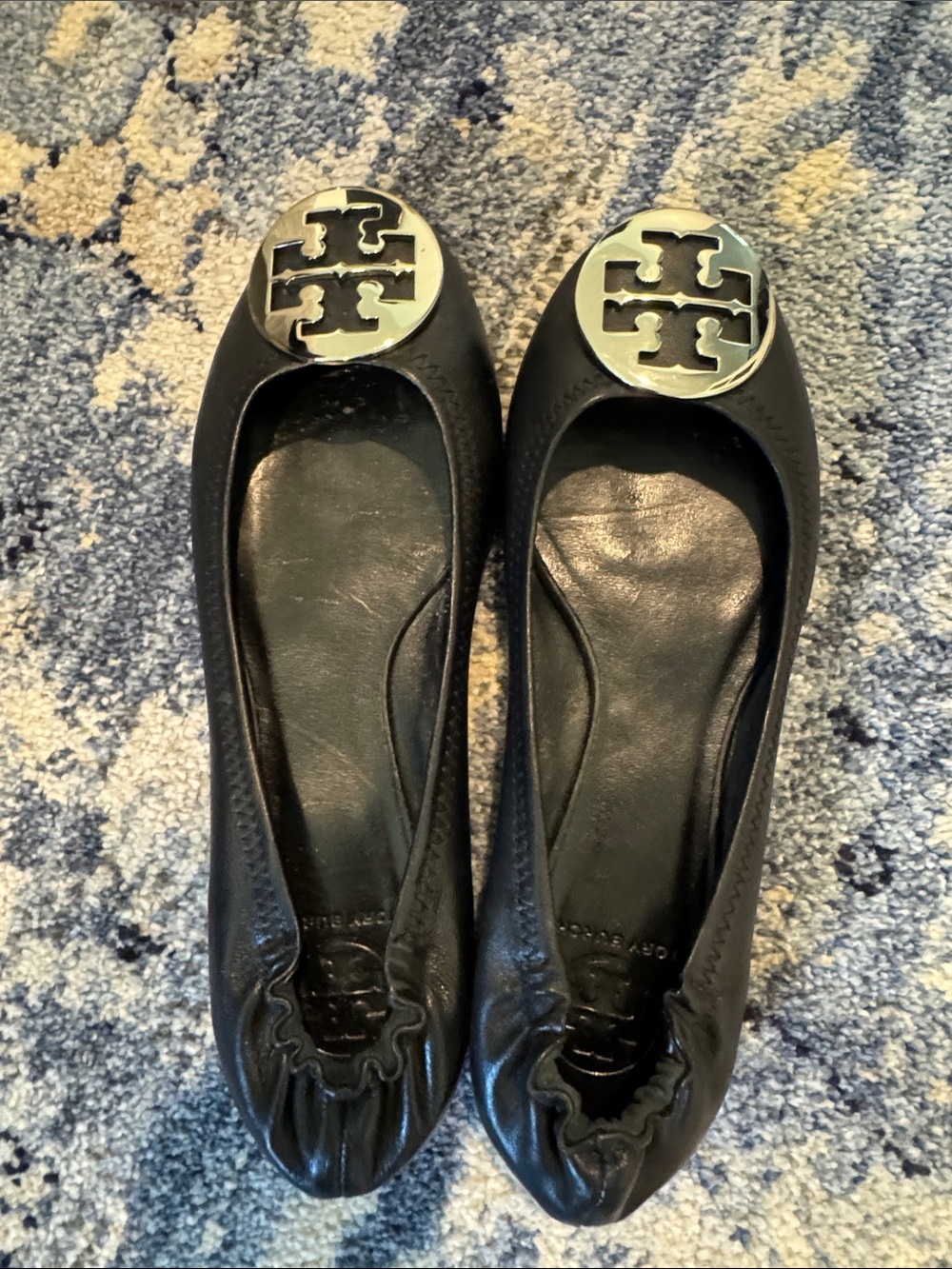Tory Burch Black Leather Logo Round-Toe Ballet Flats